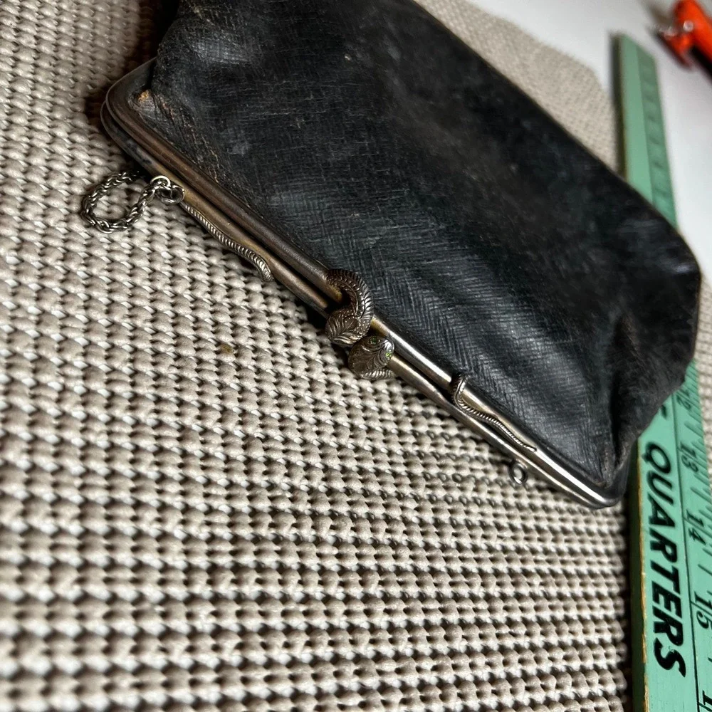 Antique Sterling Silver Snake Clasp Leather Purse Frame 276 For Parts Repair